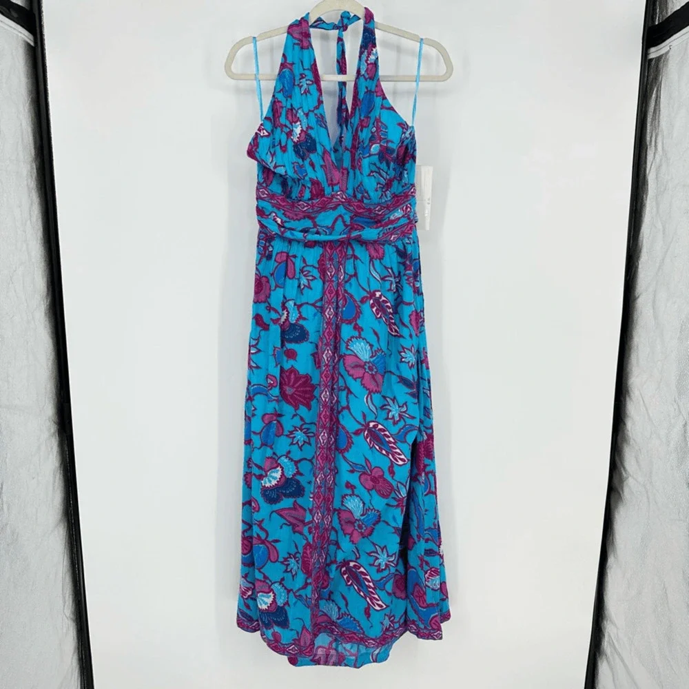 Caroline Constas Halter Fit Flare Smocked Maxi Dress XL Turquoise Gauze Cotton - Picture 16 of 16